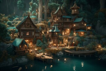 Enchanted forest village with charming houses, water mill, and lantern. A picturesque 3D representation. Generative AI - obrazy, fototapety, plakaty