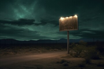 Generative AI, vintage empty sing or billboard in the desert of alien planet, in the space - obrazy, fototapety, plakaty