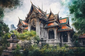 Watercolor painting depicting historic Bangkok's Wat Suthat in an impressionist style. Generative AI