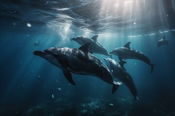 A group of dolphins swimming alongside each other. Generative AI