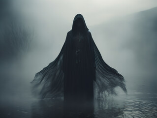 Shadowy figure of a winged female reaper, draped in a cloak, exuding an eerie aura. Silhouette of a female angel of death. - obrazy, fototapety, plakaty