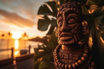 Tall wooden tiki statue with leaf decoration and macadamia necklace in front of stunning sunrise. Generative AI