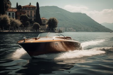 Classic speedboat cruising on beautiful Lake Como in Italy. Generative AI
