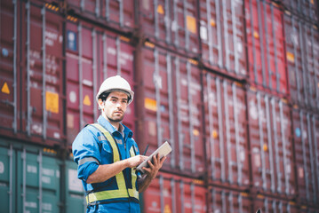 Handsome Engineer wears hardhat and reflection cloth standing, looking at camera and holding tablet with cargo stacked container in background.  Engineering site and working with technology concept.