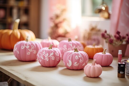Pink barbiecore painting pumpkins. Creative pumpkin painting ideas for Halloween and Thanksgiving. Simple easy Pink Pumpkin decorating creative craft diy.