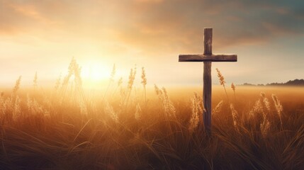 Ascension day concept. The cross on meadow autumn sunrise background. - obrazy, fototapety, plakaty