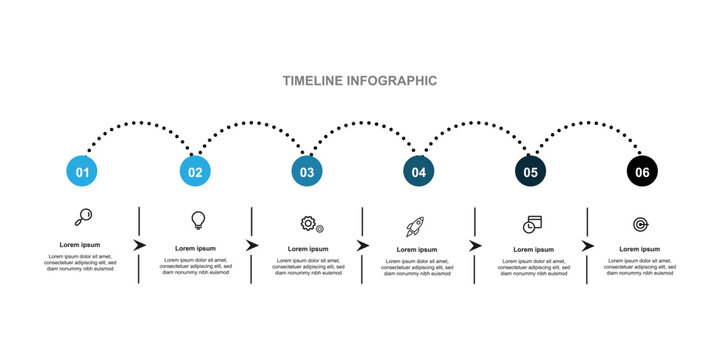 Modern design template infographic element. Timeline process with six step or options and marketing icons.