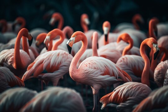 A unique flamingo stands out amongst a crowd, representing individuality and uniqueness. Generative AI