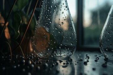 Moisture droplets on a glass surface. Greenhouse effect and environmental impact. Generative AI - obrazy, fototapety, plakaty
