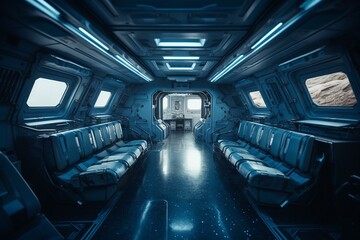 Spacious blue spaceship with screen-filled rooms and comfy seating. Generative AI