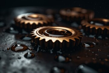 Gears lubricated with liquid mineral oil. Generative AI - obrazy, fototapety, plakaty