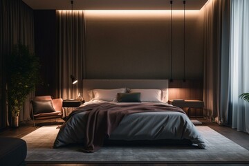 Cozy contemporary bedchamber adorned with vibrant lighting. Generative AI