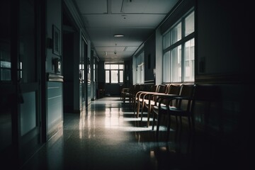 Dimly lit hospital corridor with empty chairs and closed doors. Generative AI