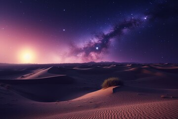 A dreamlike desert landscape with undulating dunes beneath a majestic purple night sky. Generative AI - obrazy, fototapety, plakaty