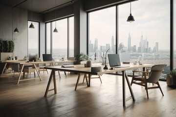 Modern shared workspace with stylish furniture, equipment, and city view. Simulated visual representation. Generative AI
