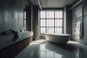 Minimalist bathroom with towel rack, window, and bathtub on concrete floor. Toned. Generative AI