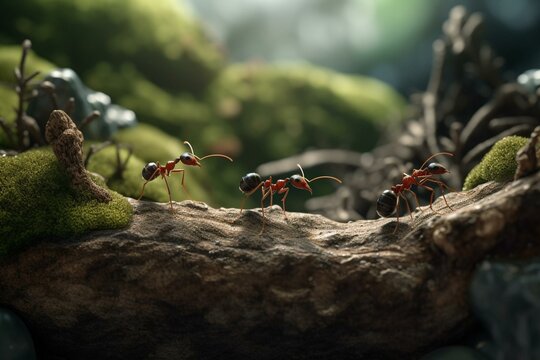 Collaborative cartoon ants pushing stone uphill. Generative AI