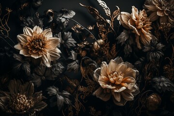 Stylish floral backdrop featuring elegant blooms in shades of black and gold. Generative AI