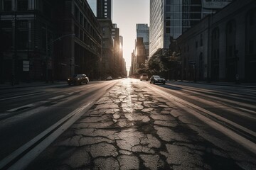 Empty asphalt road in urban Chicago; representing success, efficiency, and swift transportation. Generative AI