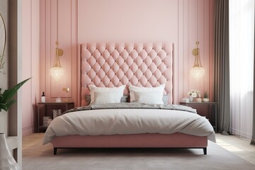 Modern bedroom interior with pink bed and decor on pink/white wall. Generative AI
