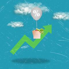 A modern collage depicting a grocery bag of food in a hot air balloon.