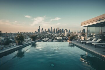 Luxurious rooftop pool with breathtaking Los Angeles skyline. Generative AI