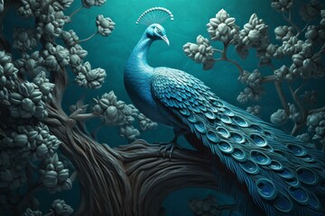 Beautiful 3D peacock and tree design on embossed wallpaper. Generative AI