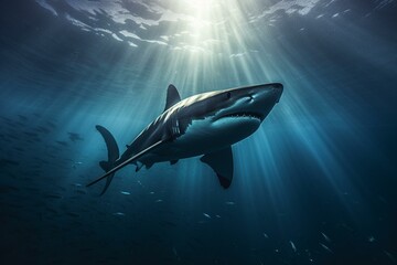 Massive shark gliding underwater. Generative AI