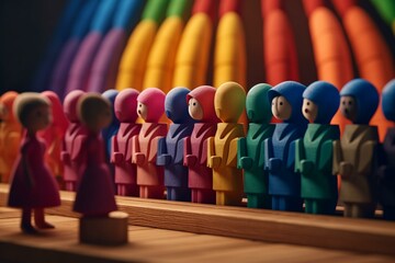 Representation and inclusivity depicted through colorful and wooden characters. Generative AI