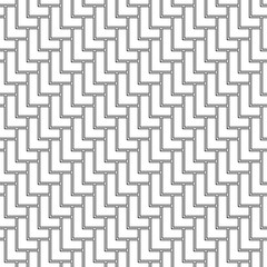 L shape blocks wallpaper. Repeated white mosaic figures on black background. Seamless surface pattern design with polygons. Pavement motif. Digital paper with pavers for page fills, web designing.