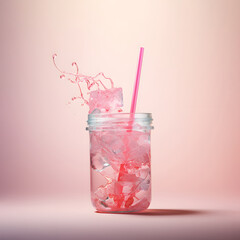 Big jar with refreshing pink lemonade and straw, cold summer refreshment, pastel background. - obrazy, fototapety, plakaty