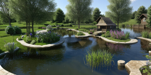 Fototapeta premium Scenic pond environment with village in the background photorealistic