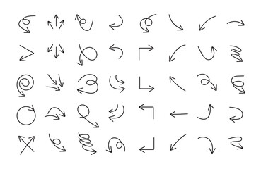 Elements of an infographic on an isolated background. A grouping of arrows. Design highlighters. Simple arrow drawn by hand. Line drawing. A collection of various signs. Arrows that are abstract. 