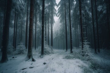 Snowy forest landscape with tall evergreen trees. Generative AI