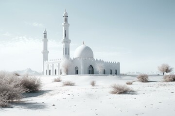 Stunning, serene landscape featuring a solitary white mosque in a pristine white setting. Generative AI