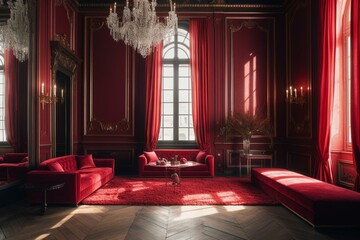 Elegant crimson room with contemporary Parisian style. Generative AI - obrazy, fototapety, plakaty