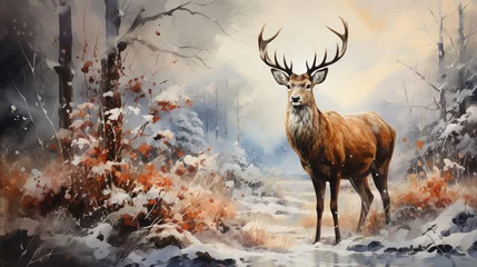 Keuken foto achterwand Generative AI, winter painted illustration with snow and animal.  © DELstudio
