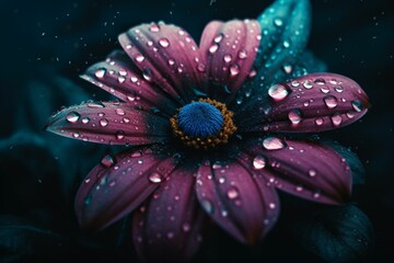 Dark background with flower having a purple center, water droplets, bubbles, and centers in pink, blue, green, and white. Generative AI