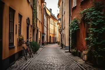Fototapeta na wymiar Picturesque historical alley lined with traditional Swedish houses in Gamla Stan, the charming old town of Malmö. Nordic architecture showcased through cobbled pathways and bicycles. Generative AI
