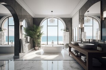 Elegant oceanfront bathroom with luxurious interior. Generative AI