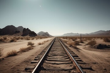 Rails stretching into the distance through a desert landscape. Generative AI