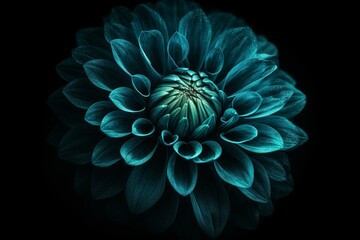 A unique fractal dahlia flower, featuring a captivating dark chrome turquoise pattern, against a black background. Generative AI