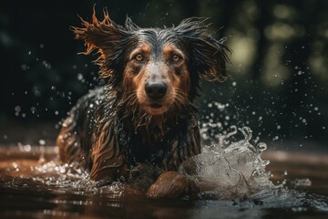Joyful canine enjoying splashing around in rainwater puddle. Generative AI