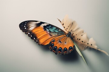 Artistic watercolor feather adorned with a delicate butterfly. Generative AI