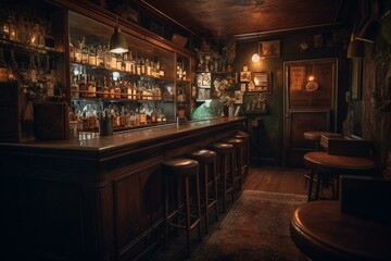 An intimate bar exuding a vintage vibe and mysterious ambiance. Generative AI