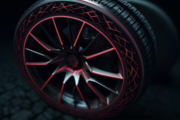 Image of high-tech car tires featuring intersecting rim wireframe. Generative AI