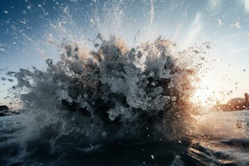 Closeup of dramatic water spray and foam against twilight sky, resembling chaotic underwater explosion. Generative AI