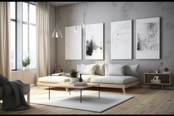 Fototapeta na wymiar Contemporary Scandinavian-style room showcasing a 3D canvas mockup. Generative AI