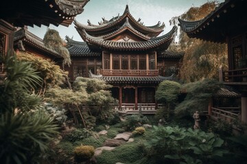 Garden houses an oriental temple. Generative AI