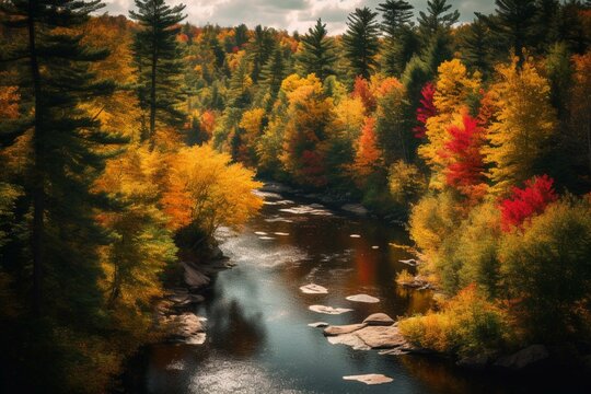 Vibrant autumn trees surround Saranac River in Redford, Adirondacks, New York. Generative AI